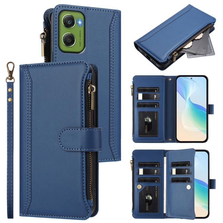 

For Motorola Moto G06 4G Magnetic Closure 9 Card Slots Zipper Leather Case with Hand Strap(Dark Blue)