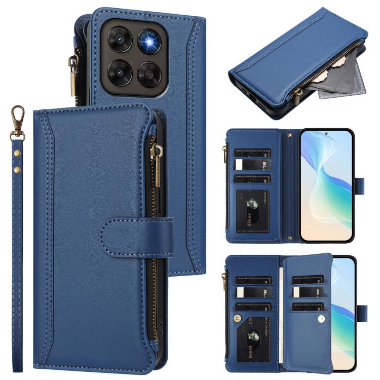 For Motorola Moto G Max/G87/G77/G67 5G Magnetic Closure 9 Card Slots Zipper Leather Case with Hand Strap(Dark Blue)