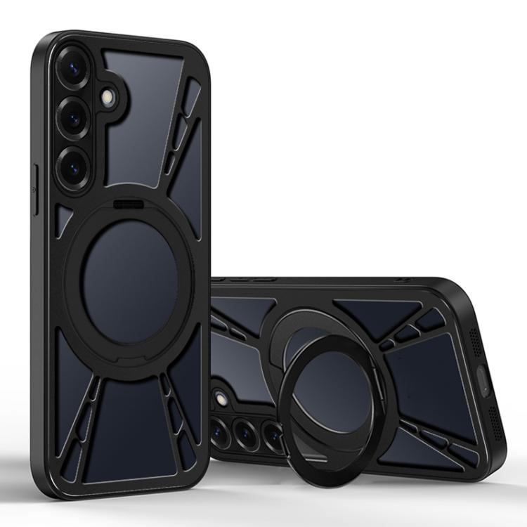 

For Samsung Galaxy S25 5G Cooling Hollow Metal Holder MagSafe Phone Case(Black)