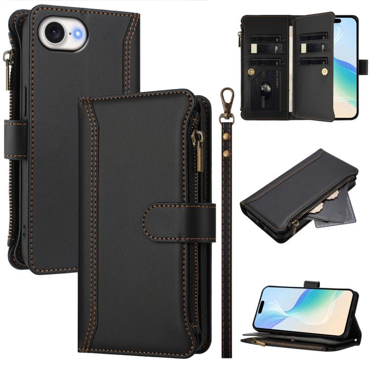 

For iPhone 16e Magnetic Closure 9 Card Slots Zipper Leather Case with Hand Strap(Black)