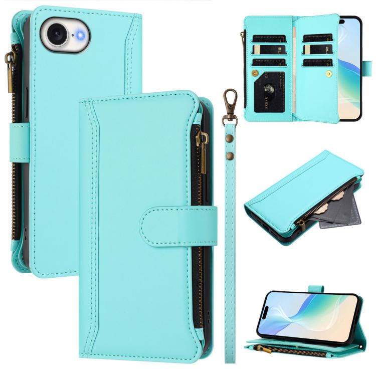 

For iPhone 16e Magnetic Closure 9 Card Slots Zipper Leather Case with Hand Strap(Mint Green)