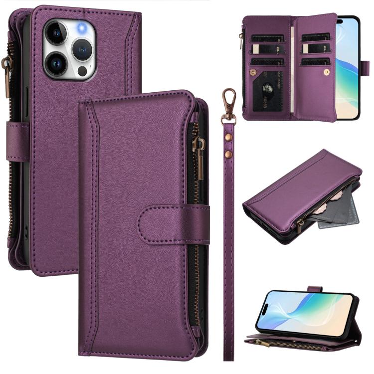 

For iPhone 16 Pro Max Magnetic Closure 9 Card Slots Zipper Leather Case with Hand Strap(Purple)