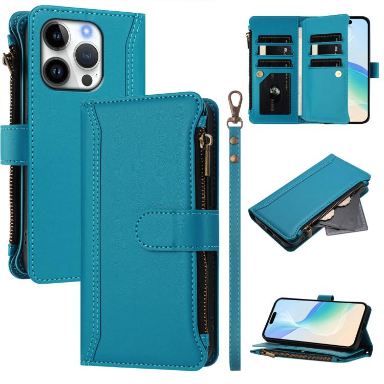 

For iPhone 16 Pro Magnetic Closure 9 Card Slots Zipper Leather Case with Hand Strap(Turquoise)