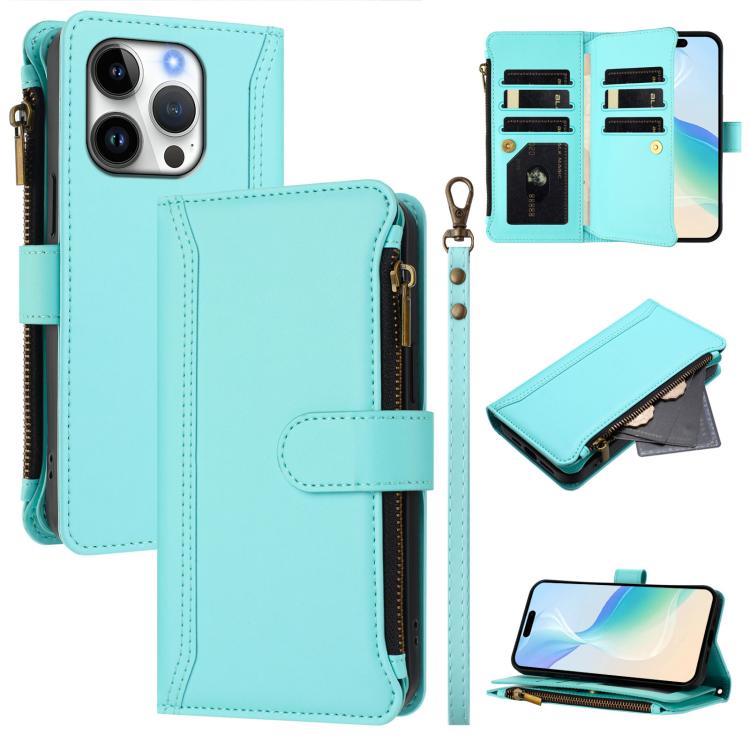 

For iPhone 16 Pro Magnetic Closure 9 Card Slots Zipper Leather Case with Hand Strap(Mint Green)
