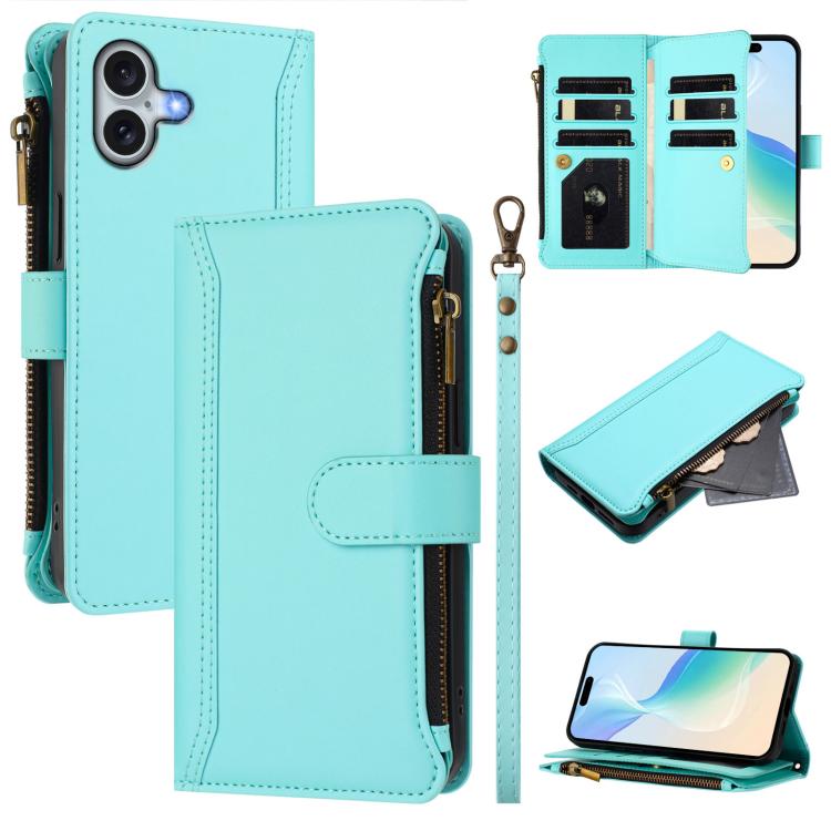 

For iPhone 16 Plus Magnetic Closure 9 Card Slots Zipper Leather Case with Hand Strap(Mint Green)