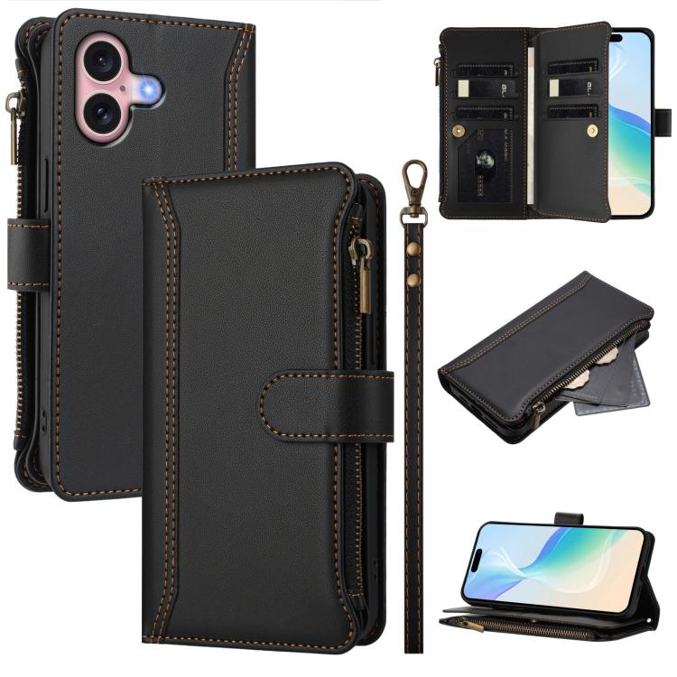 

For iPhone 16 Magnetic Closure 9 Card Slots Zipper Leather Case with Hand Strap(Black)