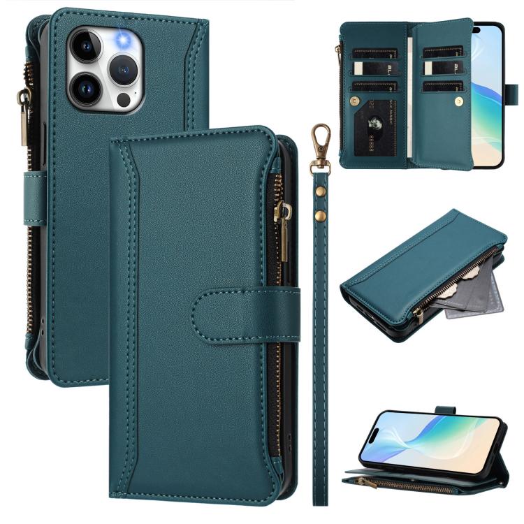 

For iPhone 15 Pro Max Magnetic Closure 9 Card Slots Zipper Leather Case with Hand Strap(Dark Green)