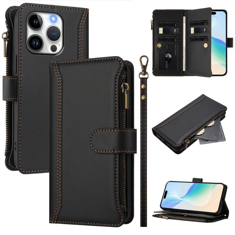 

For iPhone 15 Pro Magnetic Closure 9 Card Slots Zipper Leather Case with Hand Strap(Black)