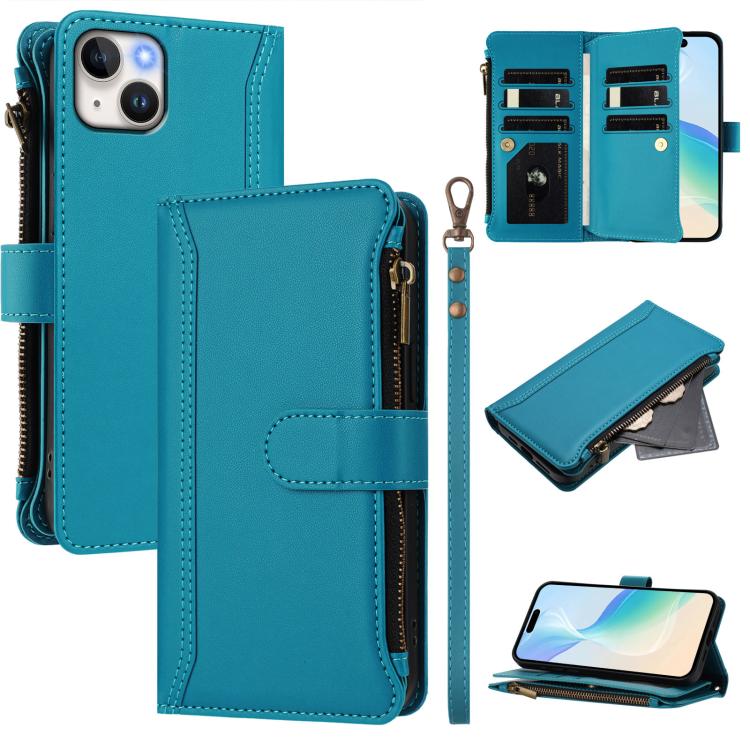 

For iPhone 15 Plus Magnetic Closure 9 Card Slots Zipper Leather Case with Hand Strap(Turquoise)