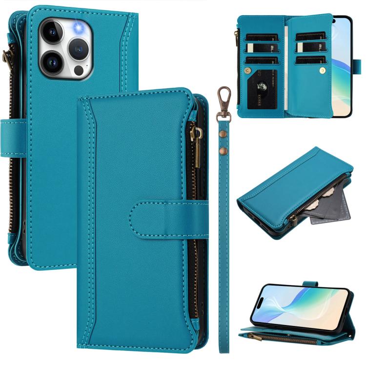 

For iPhone 14 Pro Max Magnetic Closure 9 Card Slots Zipper Leather Case with Hand Strap(Turquoise)