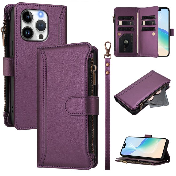 

For iPhone 14 Pro Magnetic Closure 9 Card Slots Zipper Leather Case with Hand Strap(Purple)