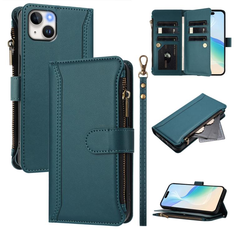 

For iPhone 14 Plus Magnetic Closure 9 Card Slots Zipper Leather Case with Hand Strap(Dark Green)