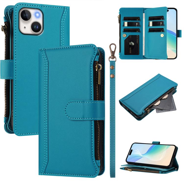 

For iPhone 14 / 13 Magnetic Closure 9 Card Slots Zipper Leather Case with Hand Strap(Turquoise)