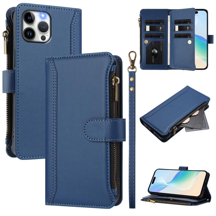 

For iPhone 12 Pro Max Magnetic Closure 9 Card Slots Zipper Leather Case with Hand Strap(Dark Blue)