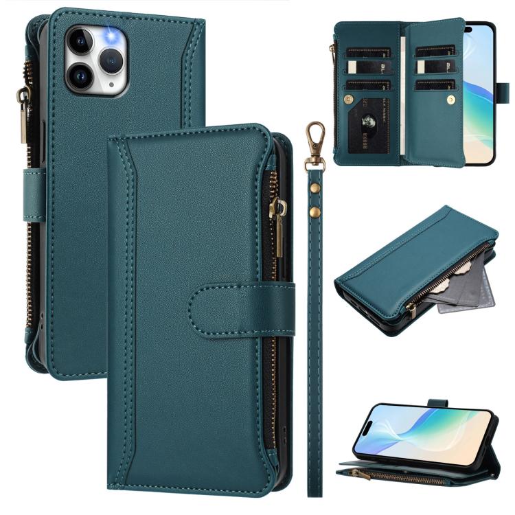 

For iPhone 11 Pro Magnetic Closure 9 Card Slots Zipper Leather Case with Hand Strap(Dark Green)