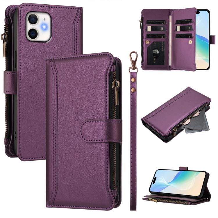

For iPhone 11 Magnetic Closure 9 Card Slots Zipper Leather Case with Hand Strap(Purple)