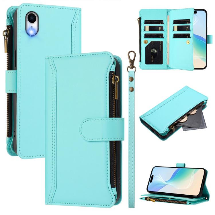 

For iPhone XR Magnetic Closure 9 Card Slots Zipper Leather Case with Hand Strap(Mint Green)
