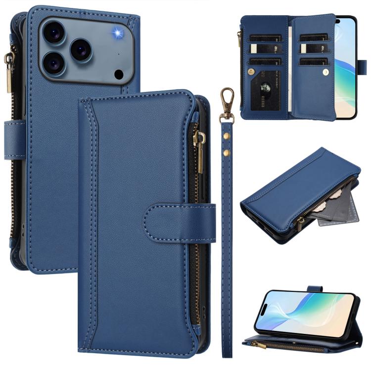 

For iPhone 17 Pro Max Magnetic Closure 9 Card Slots Zipper Leather Case with Hand Strap(Dark Blue)