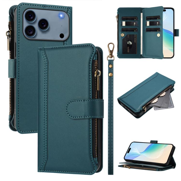 

For iPhone 17 Pro Max Magnetic Closure 9 Card Slots Zipper Leather Case with Hand Strap(Dark Green)