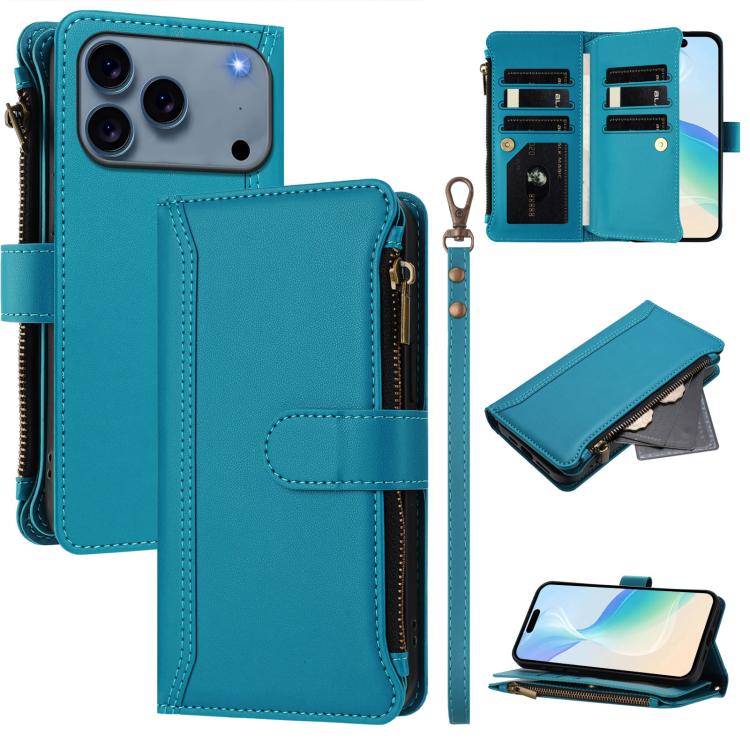

For iPhone 17 Pro Max Magnetic Closure 9 Card Slots Zipper Leather Case with Hand Strap(Turquoise)