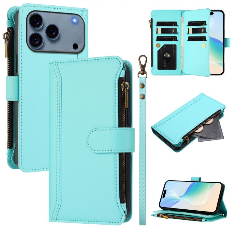 

For iPhone 17 Pro Max Magnetic Closure 9 Card Slots Zipper Leather Case with Hand Strap(Mint Green)