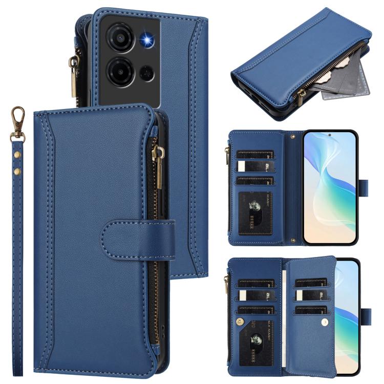 

For TCL K32 5G / K33 5G Magnetic Closure 9 Card Slots Zipper Leather Case with Hand Strap(Dark Blue)
