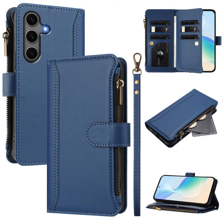 

For Samsung Galaxy S25+ / S24+ 5G Magnetic Closure 9 Card Slots Zipper Leather Case with Hand Strap(Dark Blue)
