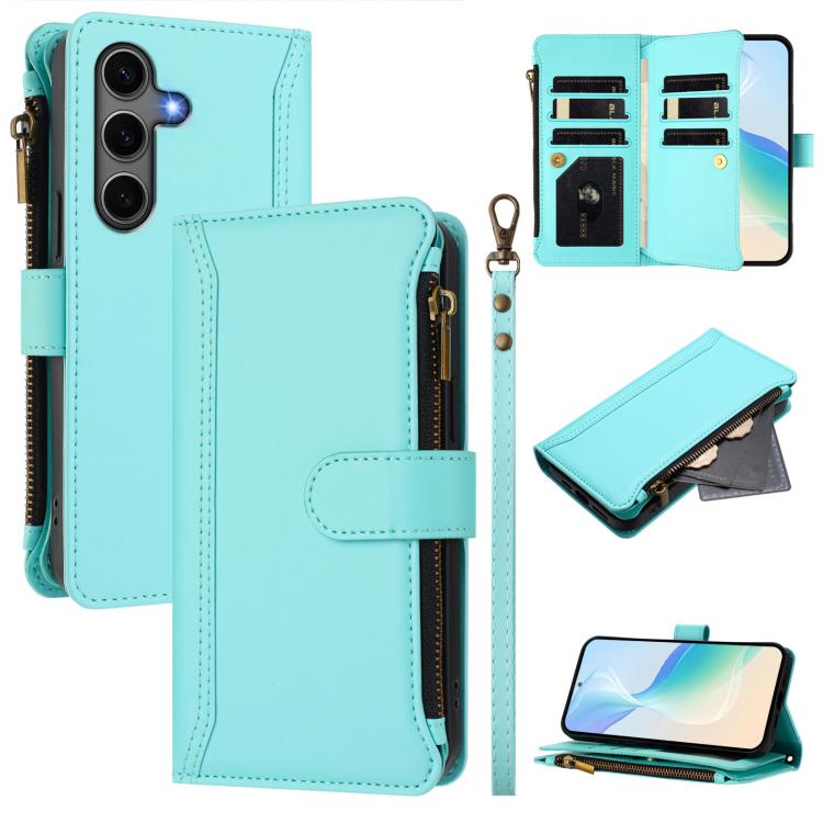 

For Samsung Galaxy S25+ / S24+ 5G Magnetic Closure 9 Card Slots Zipper Leather Case with Hand Strap(Mint Green)