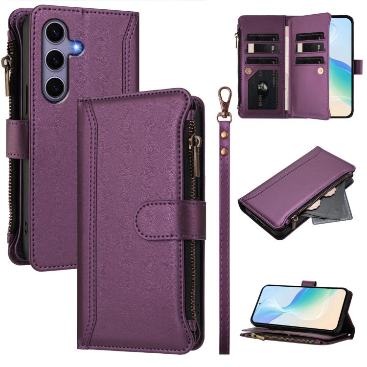 

For Samsung Galaxy S25 / S24 5G Magnetic Closure 9 Card Slots Zipper Leather Case with Hand Strap(Purple)