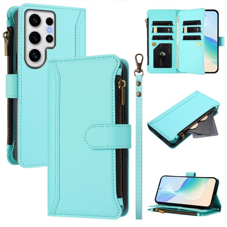 

For Samsung Galaxy S24 Ultra 5G Magnetic Closure 9 Card Slots Zipper Leather Case with Hand Strap(Mint Green)