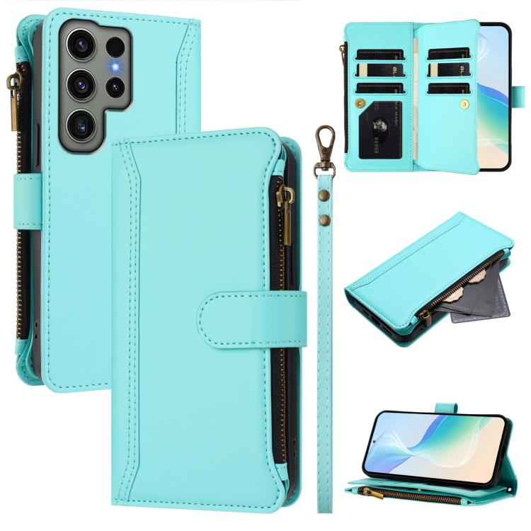 

For Samsung Galaxy S23 Ultra 5G Magnetic Closure 9 Card Slots Zipper Leather Case with Hand Strap(Mint Green)
