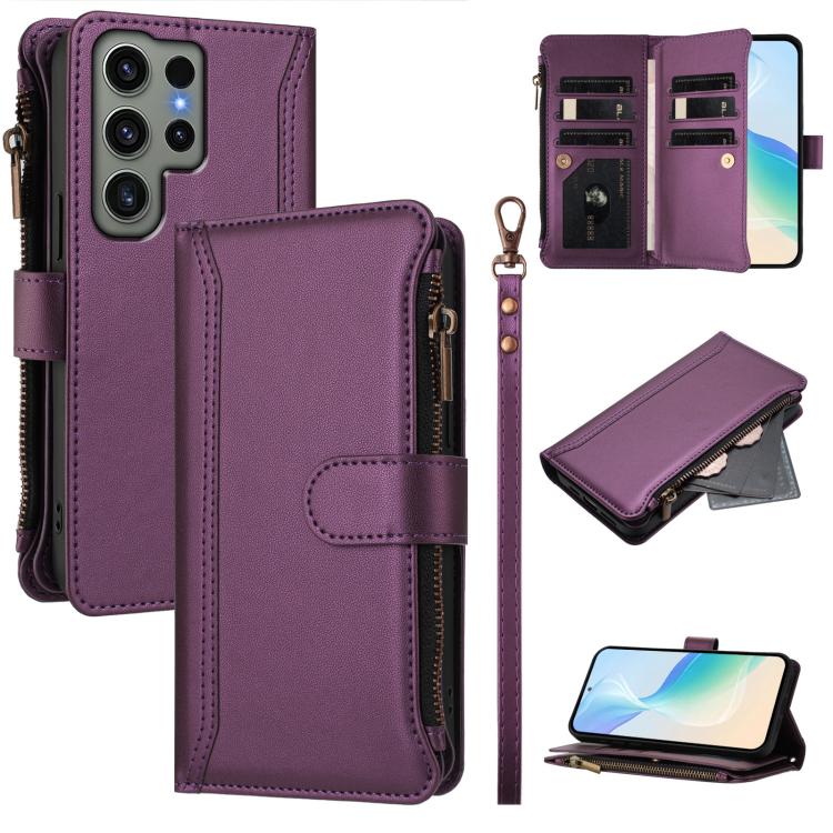 

For Samsung Galaxy S23 Ultra 5G Magnetic Closure 9 Card Slots Zipper Leather Case with Hand Strap(Purple)