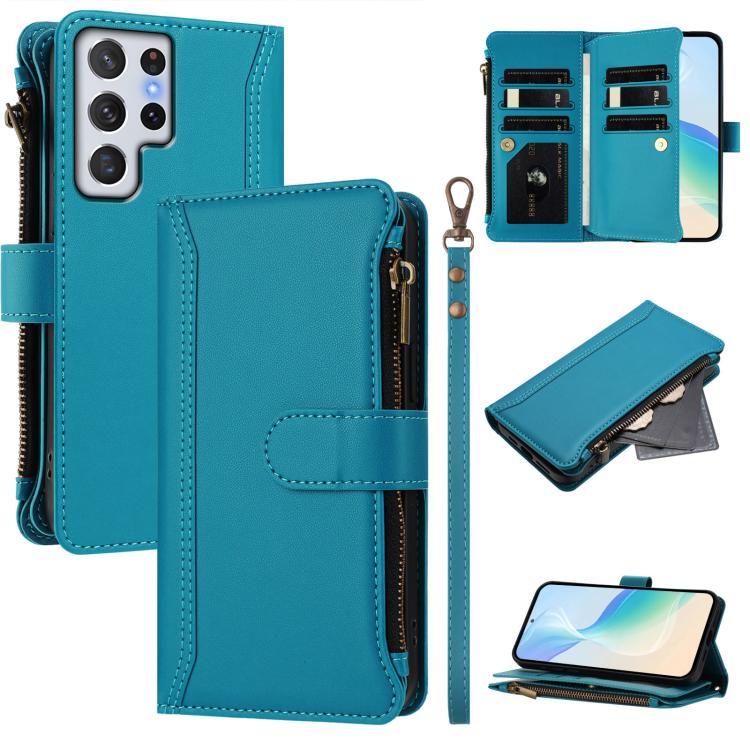 

For Samsung Galaxy S22 Ultra 5G Magnetic Closure 9 Card Slots Zipper Leather Case with Hand Strap(Turquoise)