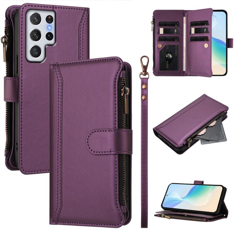 

For Samsung Galaxy S22 Ultra 5G Magnetic Closure 9 Card Slots Zipper Leather Case with Hand Strap(Purple)