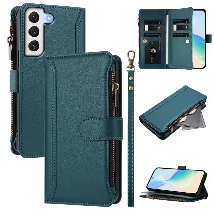 

For Samsung Galaxy S22+ 5G Magnetic Closure 9 Card Slots Zipper Leather Case with Hand Strap(Dark Green)