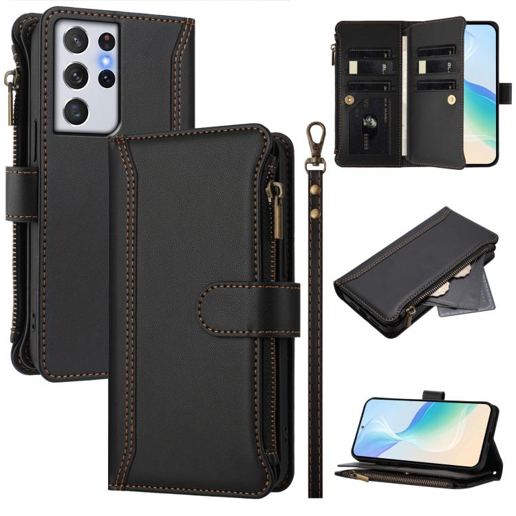 

For Samsung Galaxy S21 Ultra 5G Magnetic Closure 9 Card Slots Zipper Leather Case with Hand Strap(Black)