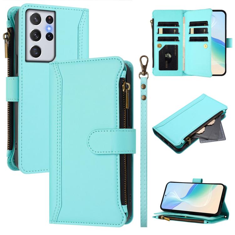 

For Samsung Galaxy S21 Ultra 5G Magnetic Closure 9 Card Slots Zipper Leather Case with Hand Strap(Mint Green)
