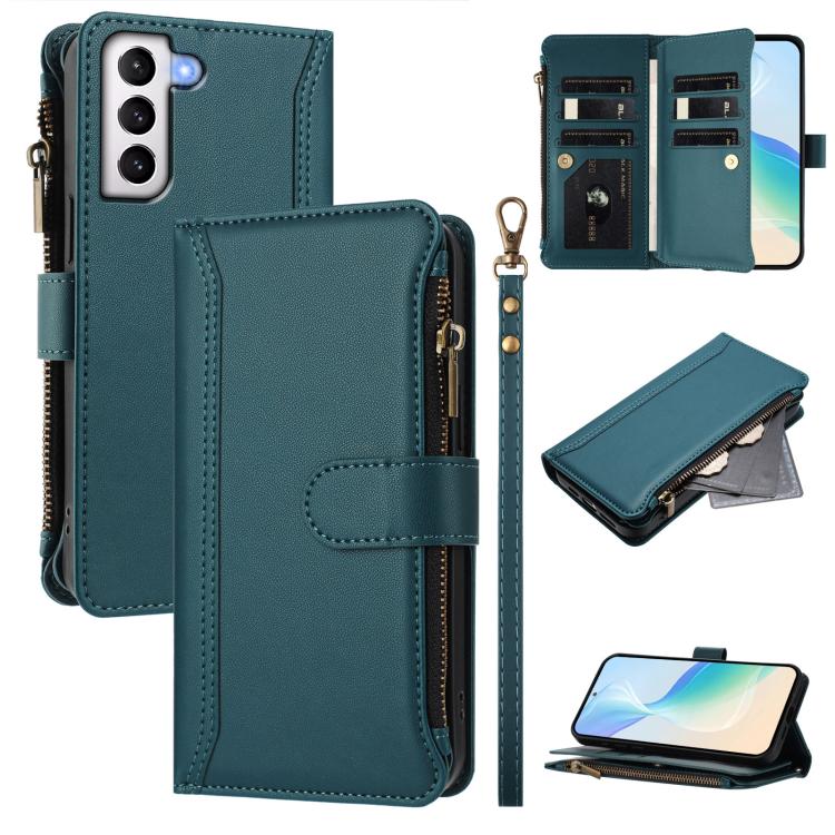 

For Samsung Galaxy S21+ 5G Magnetic Closure 9 Card Slots Zipper Leather Case with Hand Strap(Dark Green)