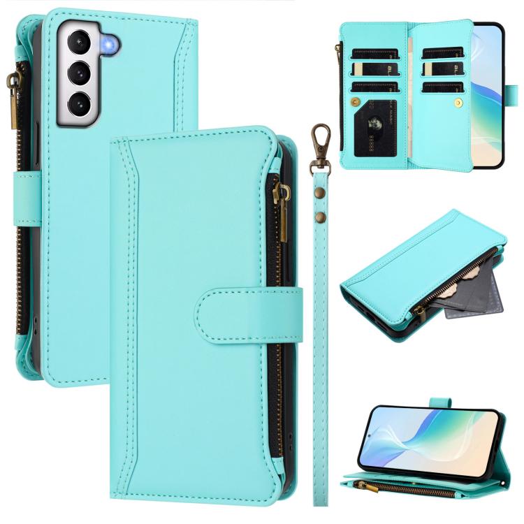 

For Samsung Galaxy S21+ 5G Magnetic Closure 9 Card Slots Zipper Leather Case with Hand Strap(Mint Green)