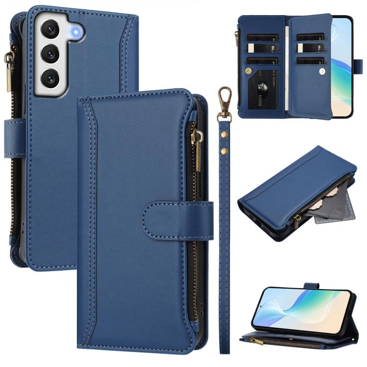

For Samsung Galaxy S21 FE 5G Magnetic Closure 9 Card Slots Zipper Leather Case with Hand Strap(Dark Blue)