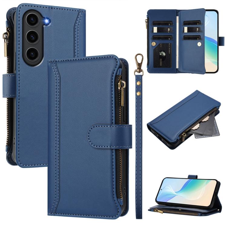 

For Samsung Galaxy S23 FE 5G Magnetic Closure 9 Card Slots Zipper Leather Case with Hand Strap(Dark Blue)
