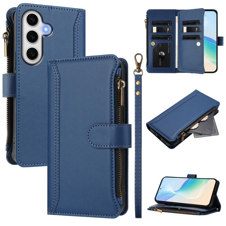 

For Samsung Galaxy S24 FE 5G Magnetic Closure 9 Card Slots Zipper Leather Case with Hand Strap(Dark Blue)