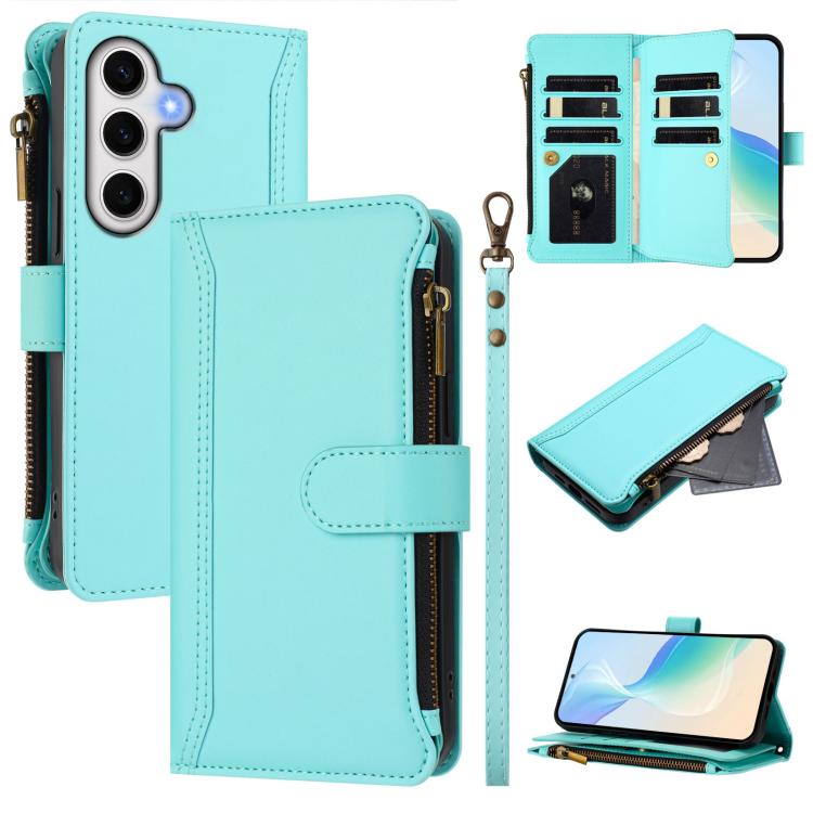 

For Samsung Galaxy S24 FE 5G Magnetic Closure 9 Card Slots Zipper Leather Case with Hand Strap(Mint Green)