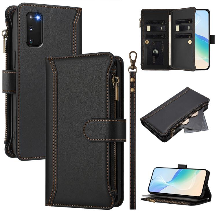 

For Samsung Galaxy S20 FE Magnetic Closure 9 Card Slots Zipper Leather Case with Hand Strap(Black)