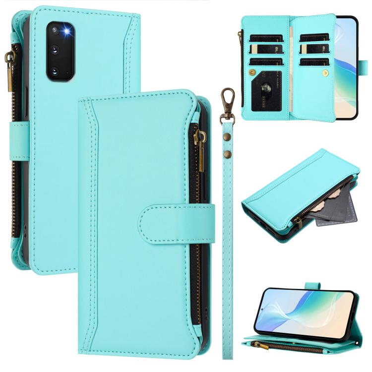

For Samsung Galaxy S20 FE Magnetic Closure 9 Card Slots Zipper Leather Case with Hand Strap(Mint Green)