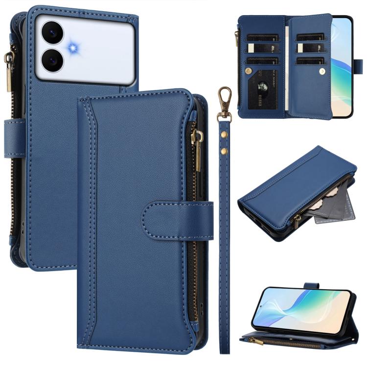 

For Samsung Galaxy S26 Edge 5G Magnetic Closure 9 Card Slots Zipper Leather Case with Hand Strap(Dark Blue)