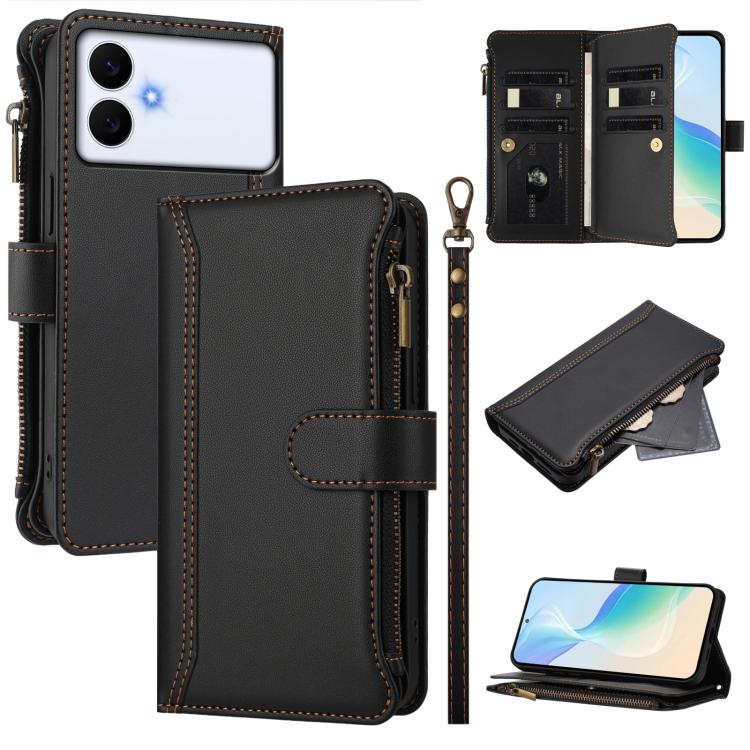 

For Samsung Galaxy S26 Edge 5G Magnetic Closure 9 Card Slots Zipper Leather Case with Hand Strap(Black)