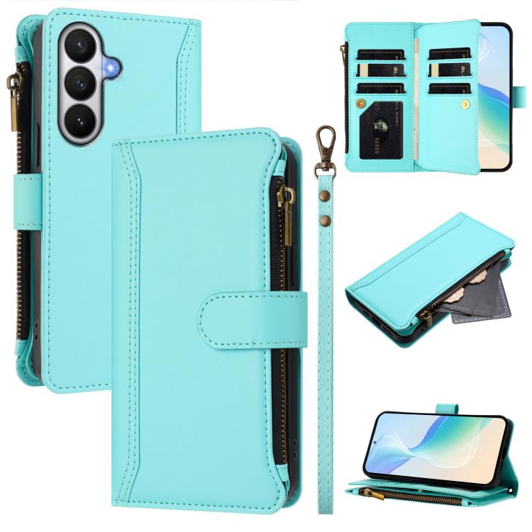 

For Samsung Galaxy S26 Pro 5G Magnetic Closure 9 Card Slots Zipper Leather Case with Hand Strap(Mint Green)