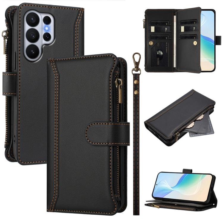

For Samsung Galaxy S26 Ultra 5G Magnetic Closure 9 Card Slots Zipper Leather Case with Hand Strap(Black)