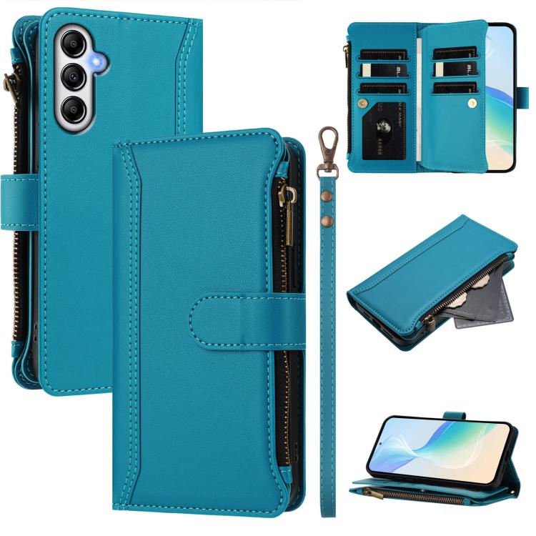 

For Samsung Galaxy A25 5G Magnetic Closure 9 Card Slots Zipper Leather Case with Hand Strap(Turquoise)